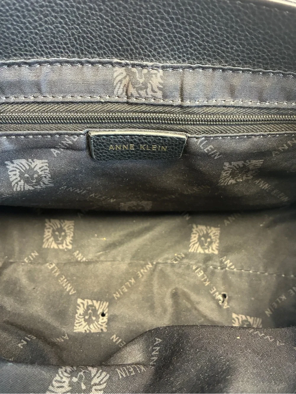 Anne Klein Pebbled Faux Leather Satchel Black Brown Logo Turn Lock Top Handles